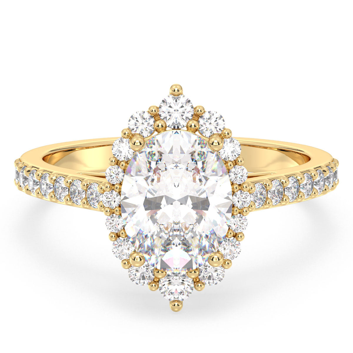 IRENE ELEVATED HALO OVAL CUT LAB GROWN DIAMOND SOLITAIRE CLASSIC ENGAGEMENT RING, GOLD