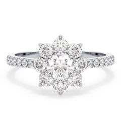 SOPHIA ROUND CUT LAB GROWN DIAMOND SOLITAIRE ENGAGEMENT RING ENCIRCLED WITH DIAMONDS, GOLD