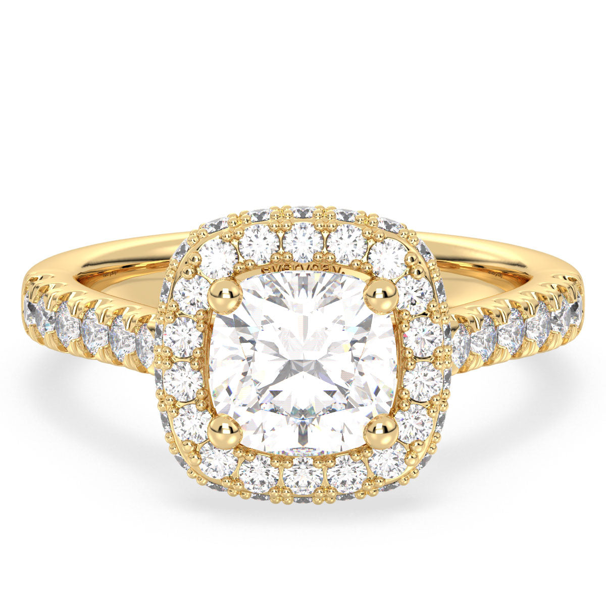 DAMAS HALO CUSHION CUT LAB GROWN DIAMOND SOLITAIRE ENGAGEMENT RING WITH SIDE STONES, GOLD