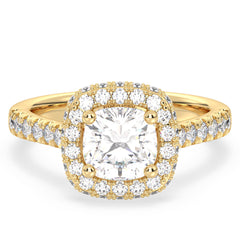 DAMAS HALO CUSHION CUT LAB GROWN DIAMOND SOLITAIRE ENGAGEMENT RING WITH SIDE STONES, GOLD