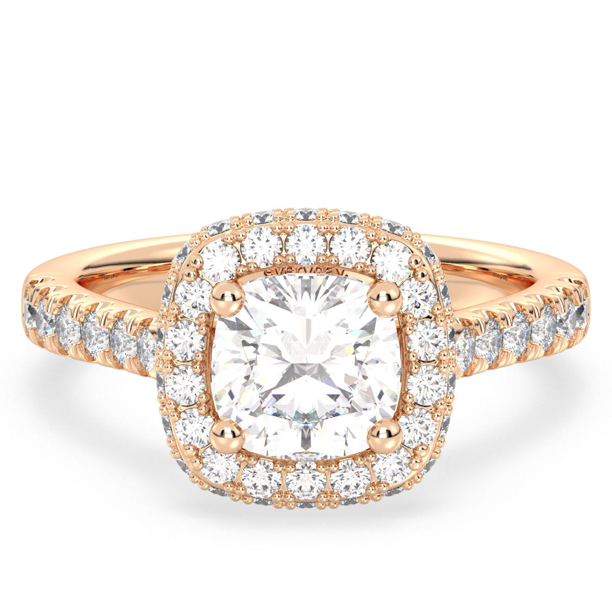 DAMAS HALO CUSHION CUT LAB GROWN DIAMOND SOLITAIRE ENGAGEMENT RING WITH SIDE STONES, GOLD