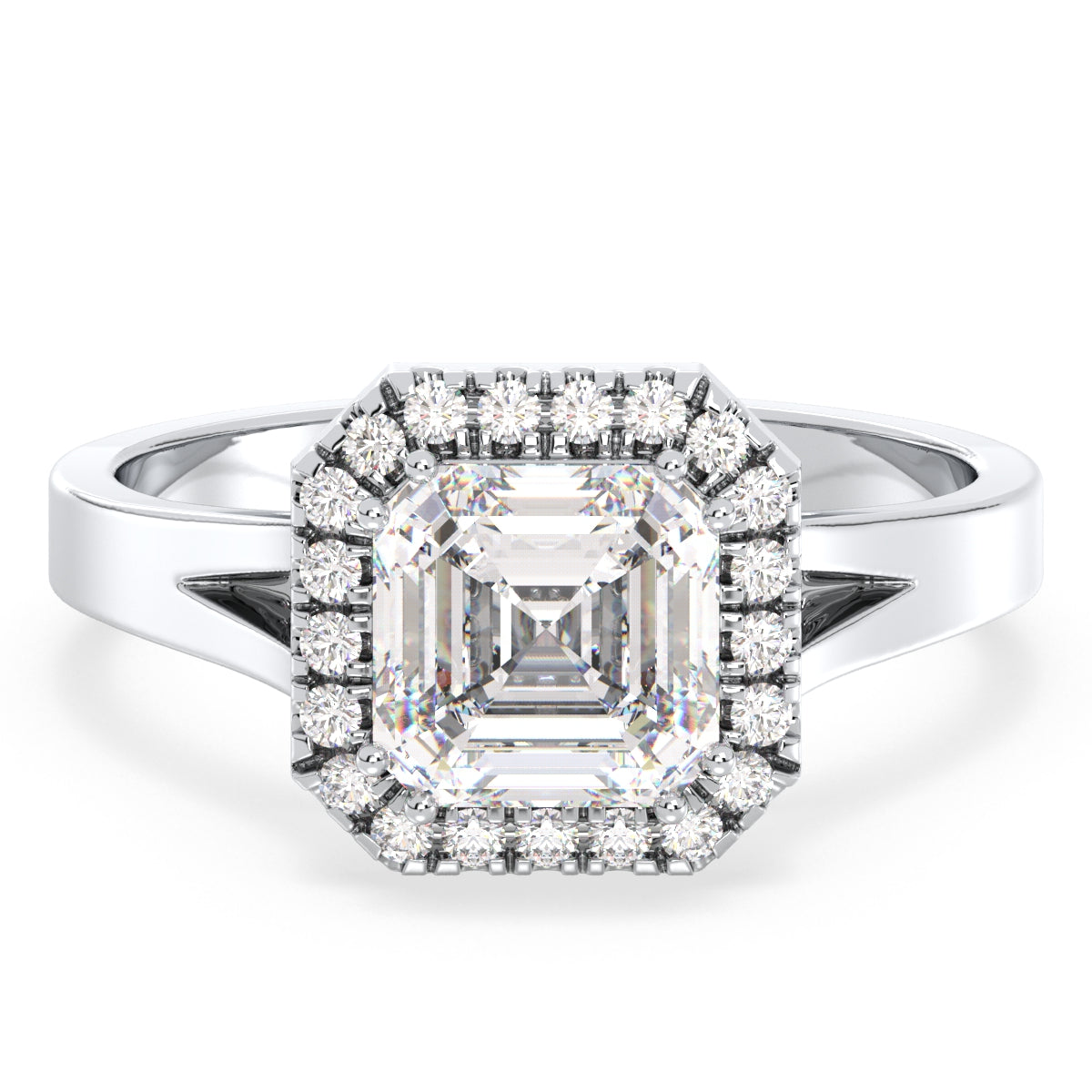 DAMAS ASSCHER CUT LAB GROWN DIAMOND SOLITAIRE HALO ENGAGEMENT RING, GOLD