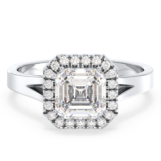 DAMAS ASSCHER CUT LAB GROWN DIAMOND SOLITAIRE HALO ENGAGEMENT RING, GOLD