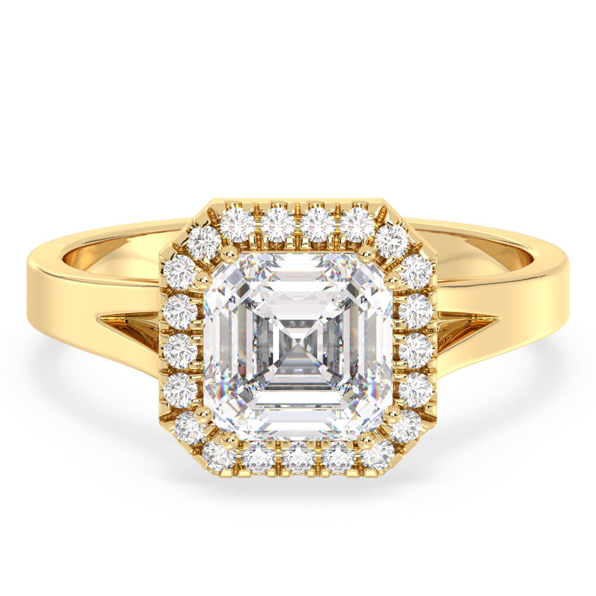 DAMAS ASSCHER CUT LAB GROWN DIAMOND SOLITAIRE HALO ENGAGEMENT RING, GOLD