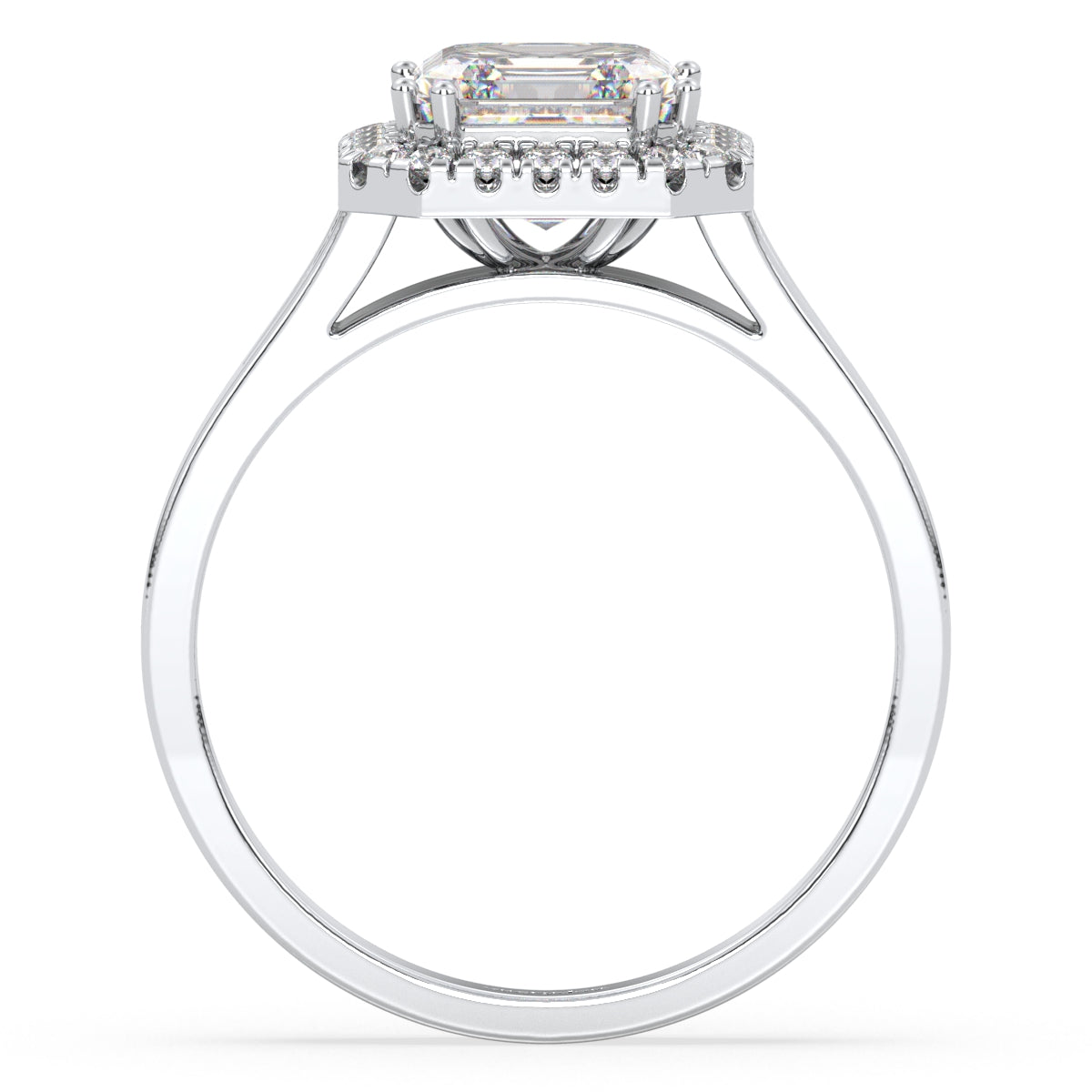 DAMAS ASSCHER CUT LAB GROWN DIAMOND SOLITAIRE HALO ENGAGEMENT RING, GOLD