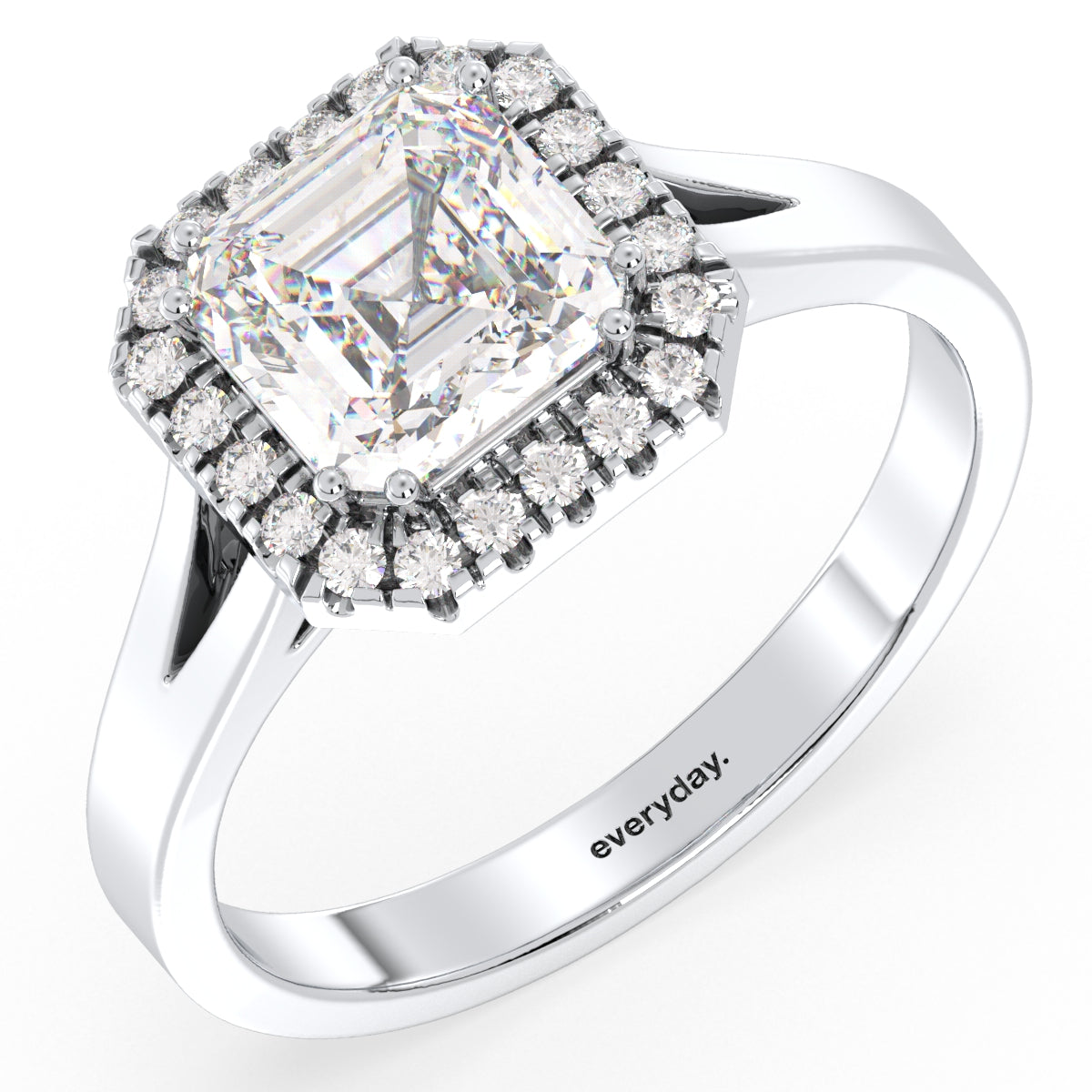 DAMAS ASSCHER CUT LAB GROWN DIAMOND SOLITAIRE HALO ENGAGEMENT RING, GOLD