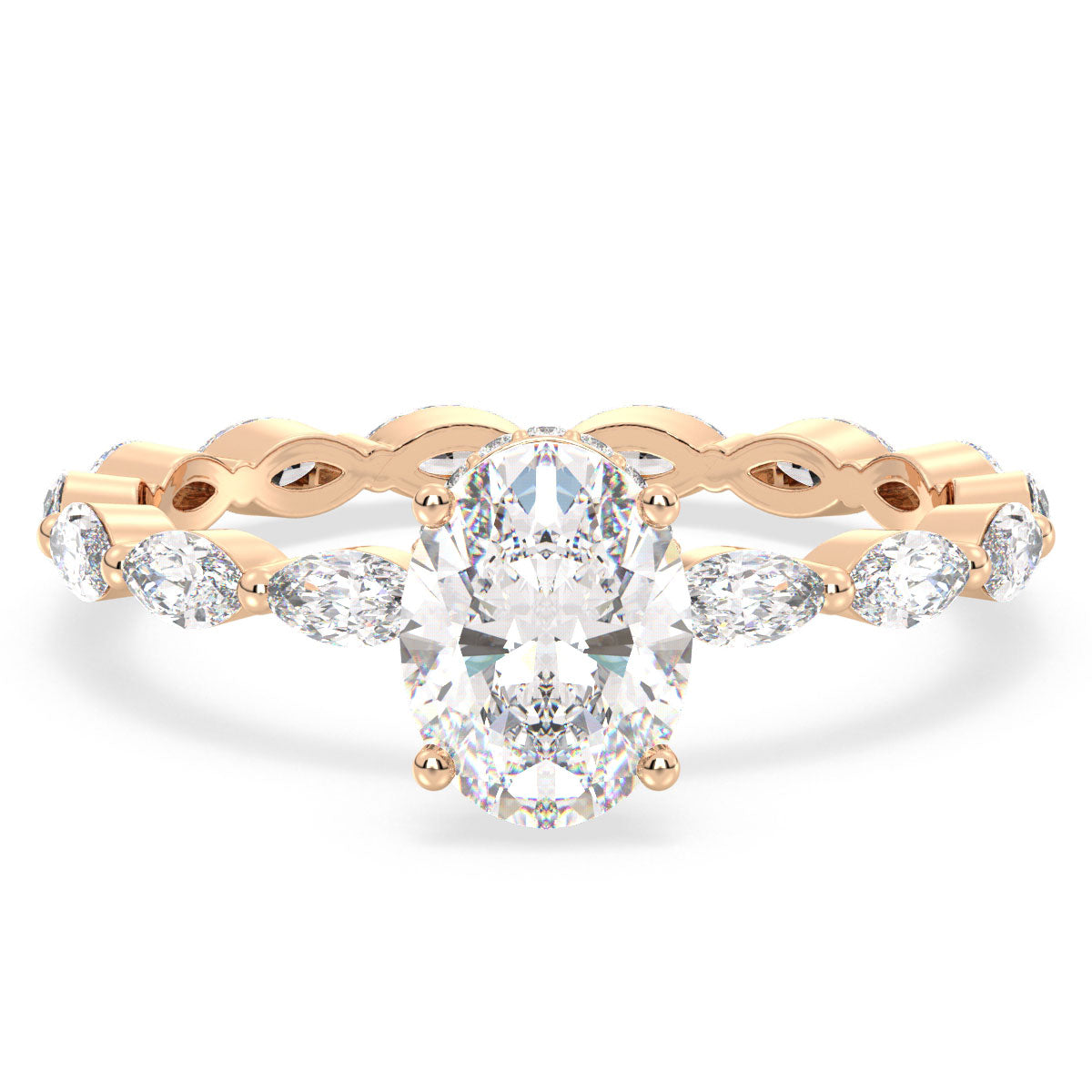 IRENE OVAL CUT LAB GROWN DIAMOND SOLITAIRE ENGAGEMENT RING WITH A FANCY SHANK STUDDED WITH MARQUISE CUT DIAMONDS