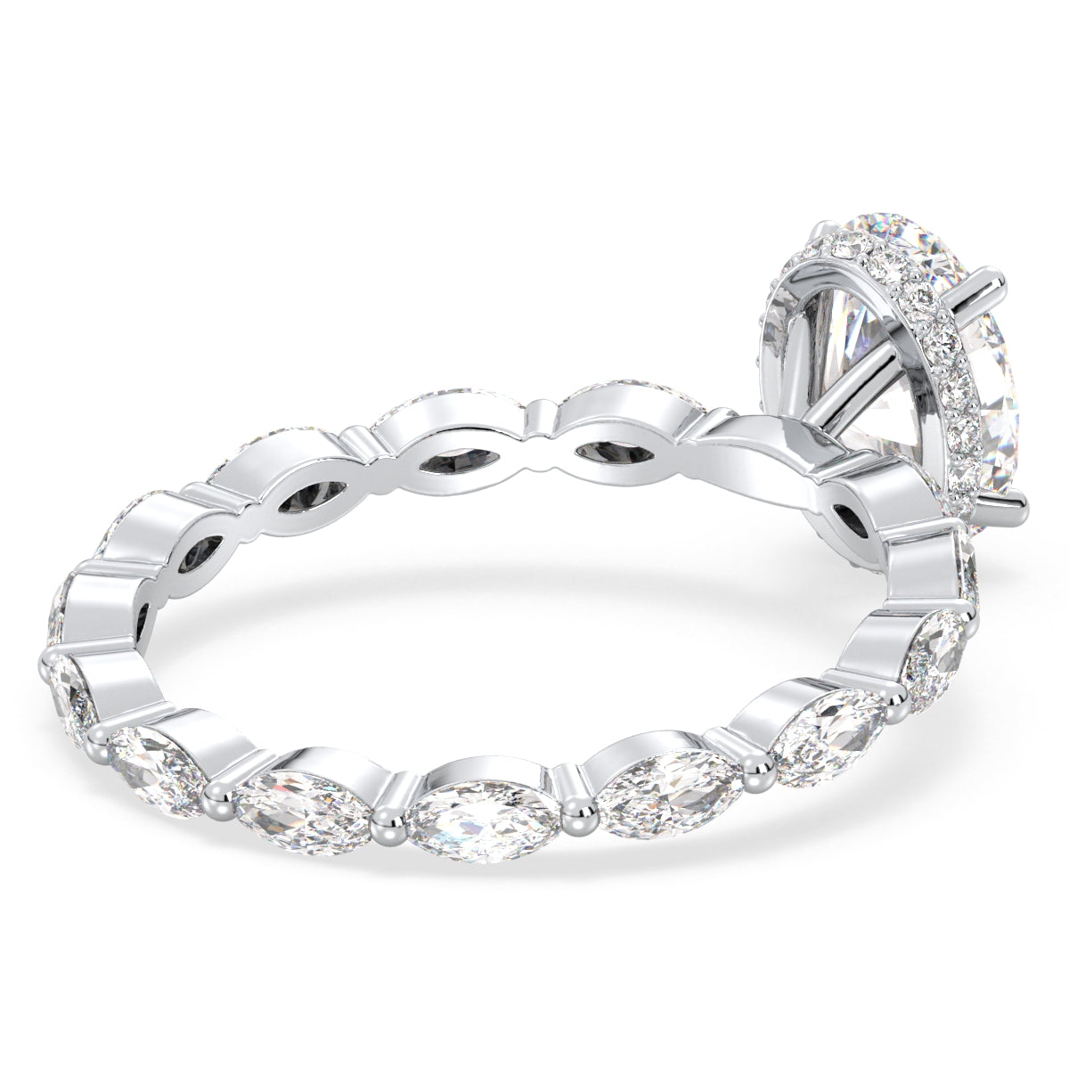 IRENE OVAL CUT LAB GROWN DIAMOND SOLITAIRE ENGAGEMENT RING WITH A FANCY SHANK STUDDED WITH MARQUISE CUT DIAMONDS