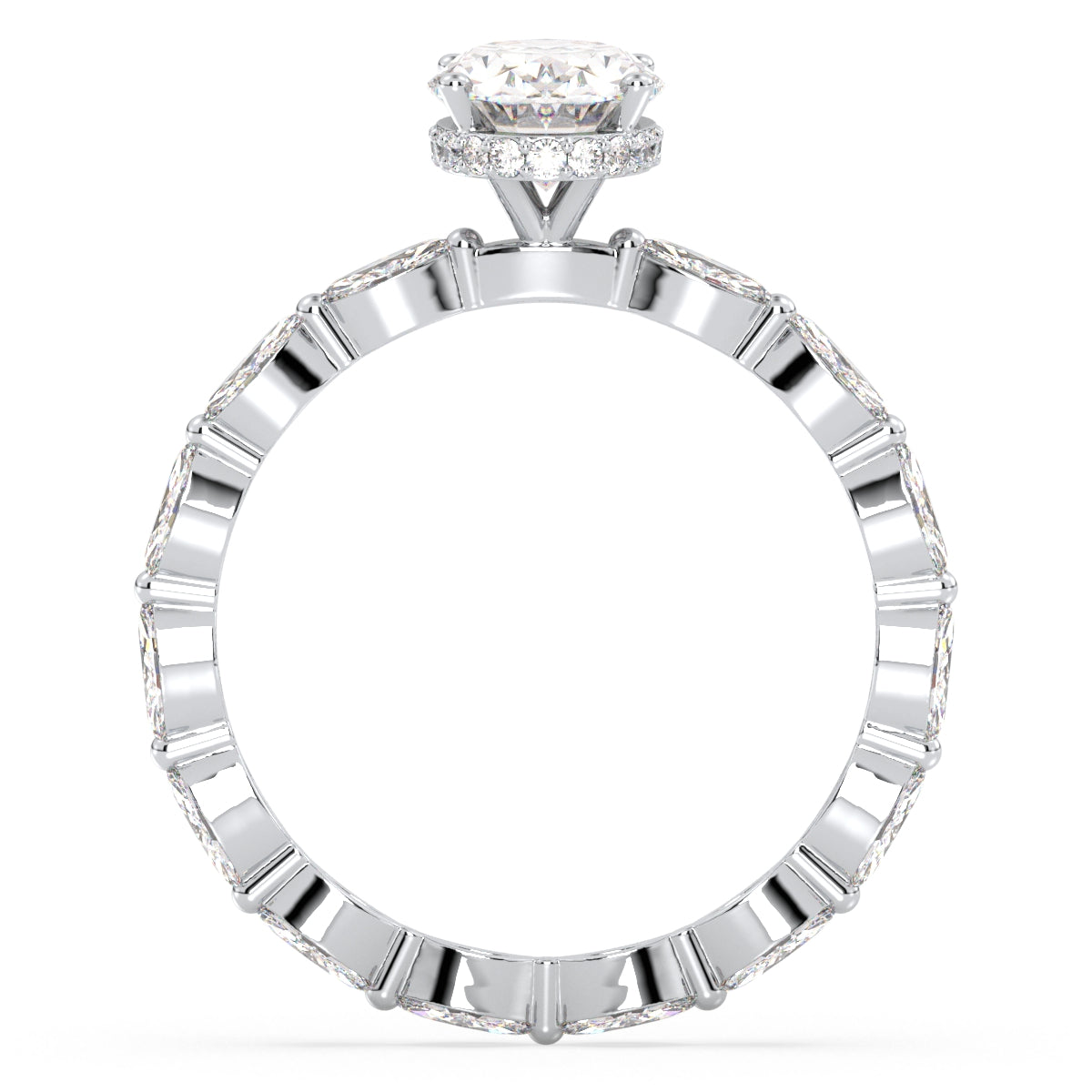 IRENE OVAL CUT LAB GROWN DIAMOND SOLITAIRE ENGAGEMENT RING WITH A FANCY SHANK STUDDED WITH MARQUISE CUT DIAMONDS