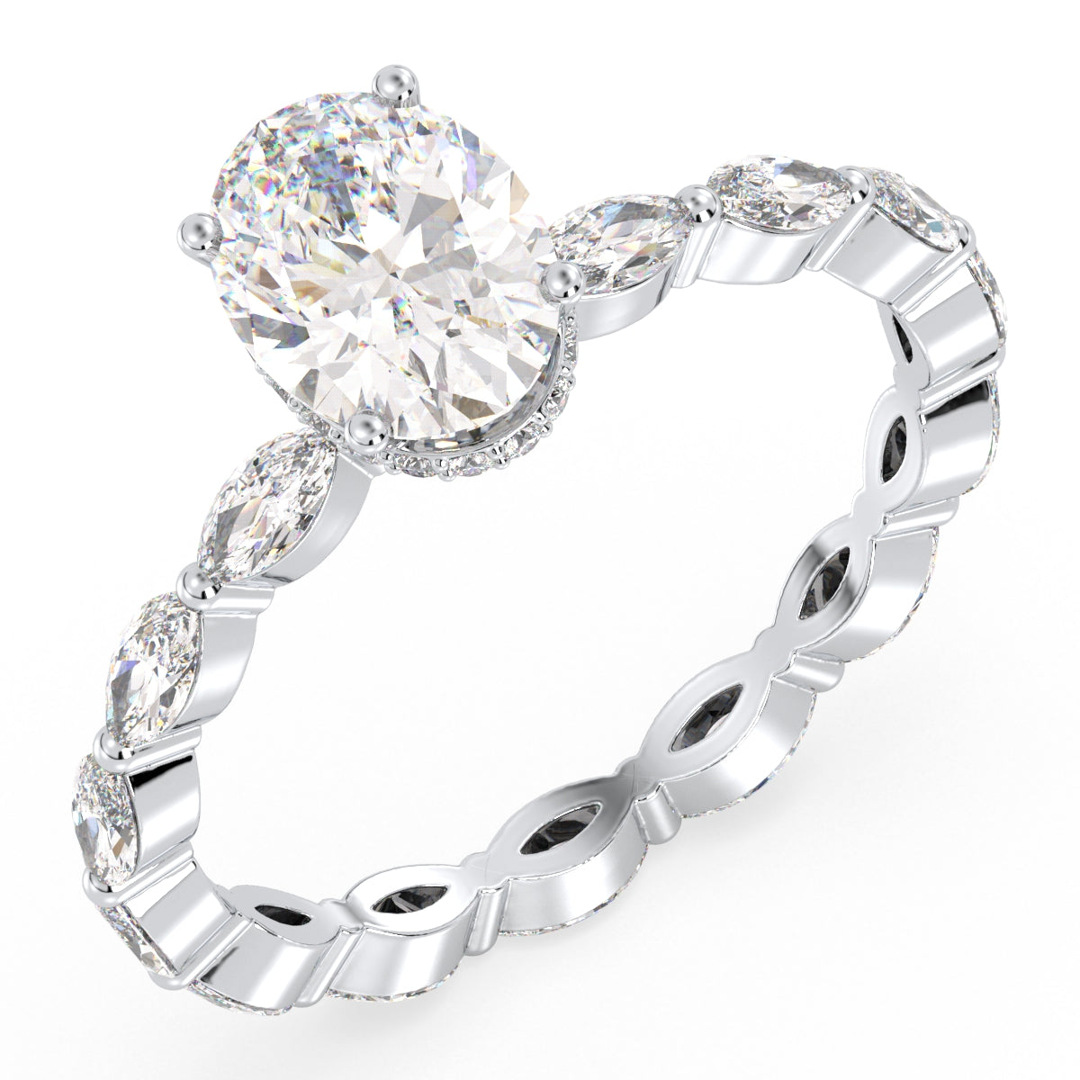 IRENE OVAL CUT LAB GROWN DIAMOND SOLITAIRE ENGAGEMENT RING WITH A FANCY SHANK STUDDED WITH MARQUISE CUT DIAMONDS