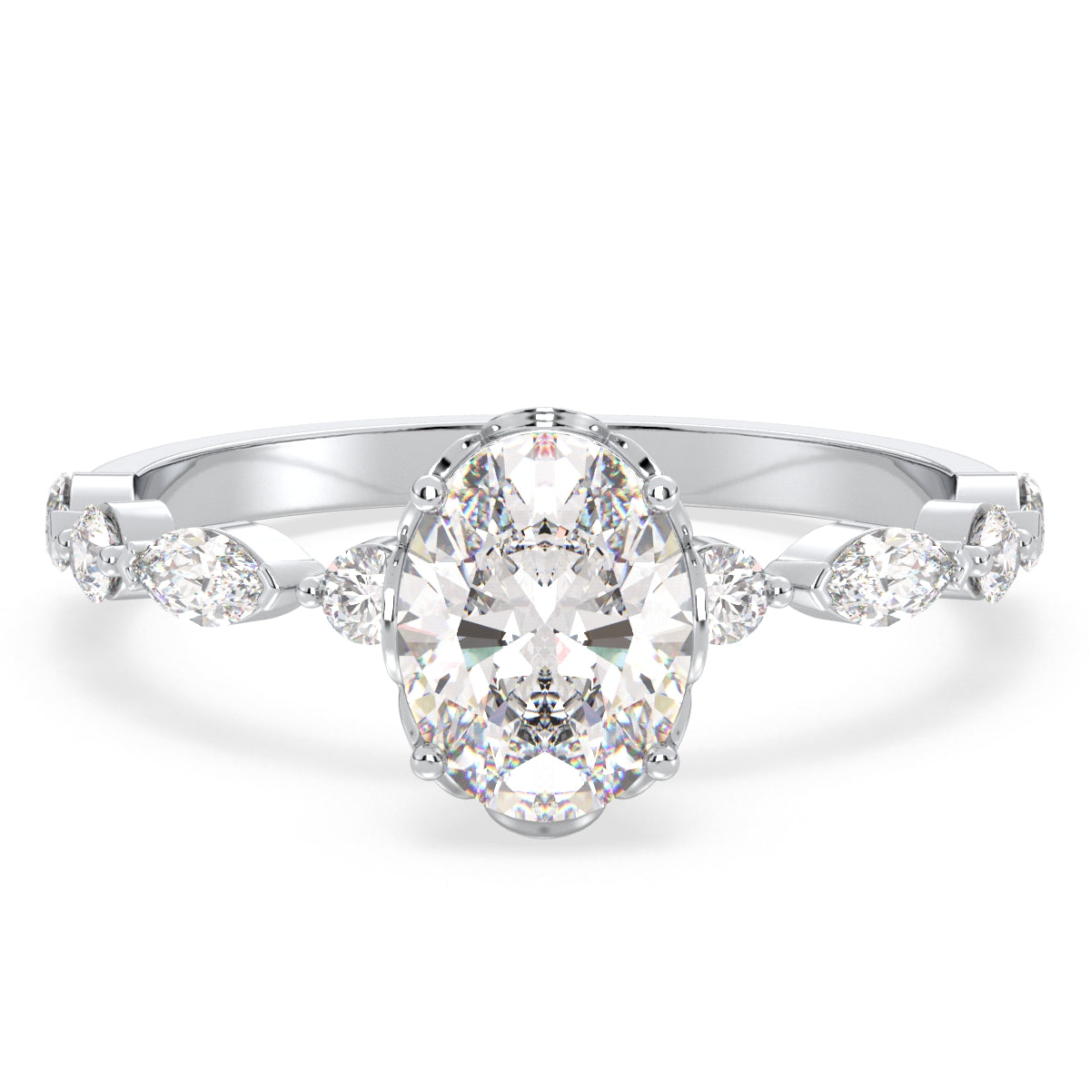 IRENE CLASSY OVAL CUT SOLITAIRE LAB GROWN DIAMOND ENGAGEMENT RING WITH A STUDDED SHANK, GOLD