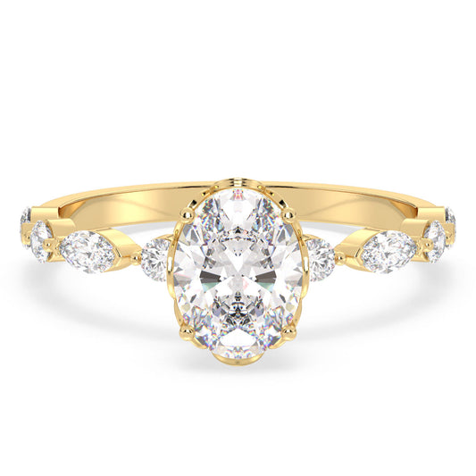 IRENE CLASSY OVAL CUT SOLITAIRE LAB GROWN DIAMOND ENGAGEMENT RING WITH A STUDDED SHANK, GOLD