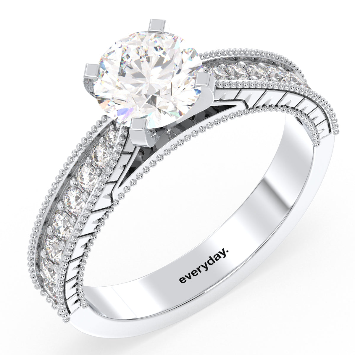 SOPHIA ROUND CUT LAB GROWN DIAMOND SOLITAIRE ENGAGEMENT RING WITH A FANCY HALF STUDDED SHANK, GOLD