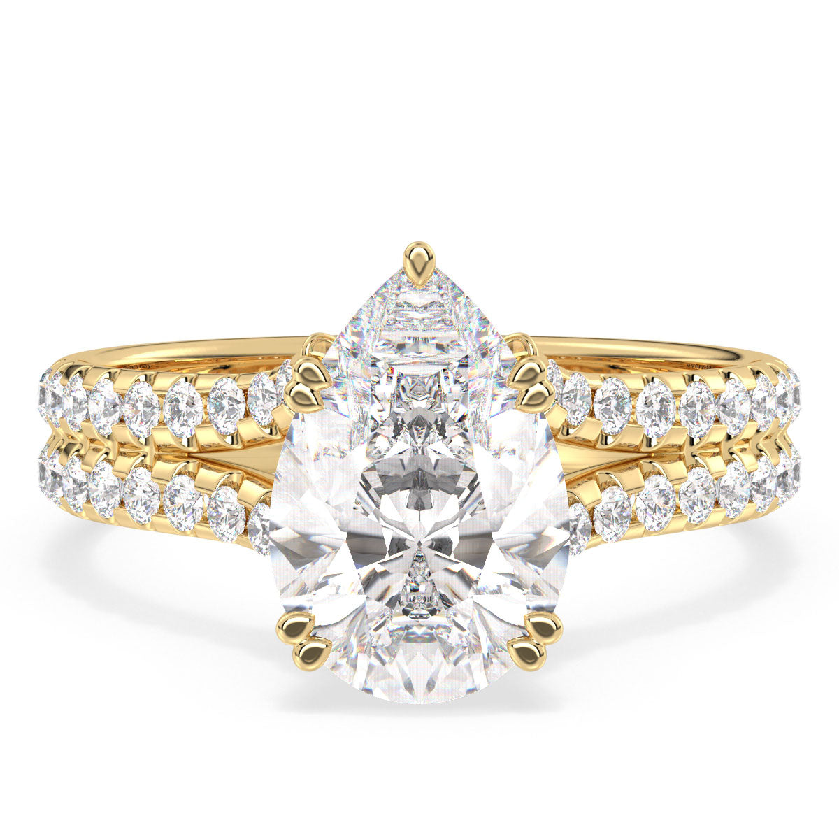 MARGUERITE PEAR CUT LAB GROWN DIAMOND SOLITAIRE ENGAGEMENT RING WITH STUDDED SPLIT SHANK, GOLD