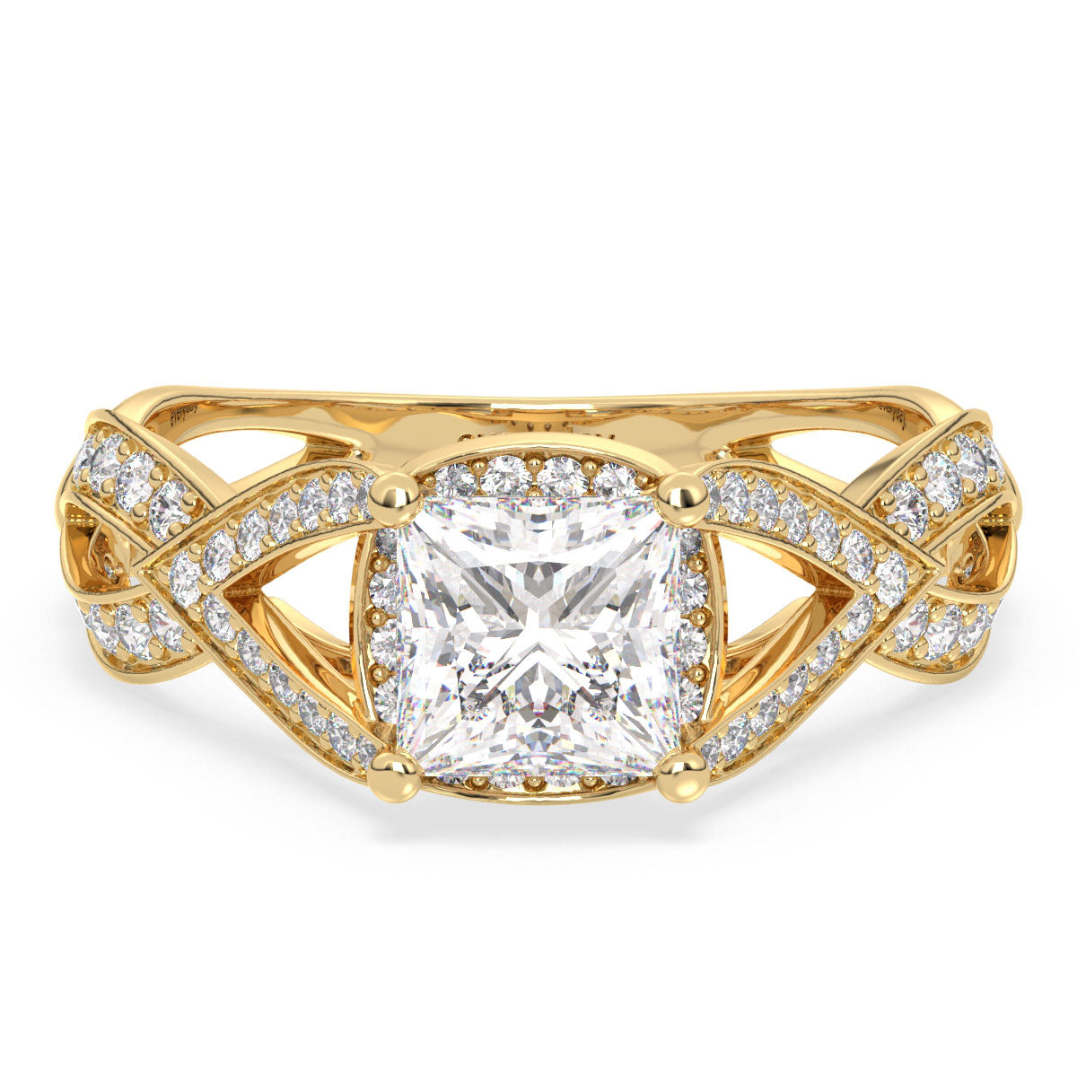 AZALEA FANCY HALO PRINCESS CUT LAB GROWN DIAMOND SOLITAIRE ENGAGEMENT RING WITH STUDDED SHANK, GOLD