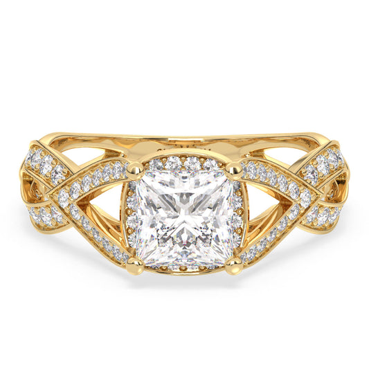 AZALEA FANCY HALO PRINCESS CUT LAB GROWN DIAMOND SOLITAIRE ENGAGEMENT RING WITH STUDDED SHANK, GOLD