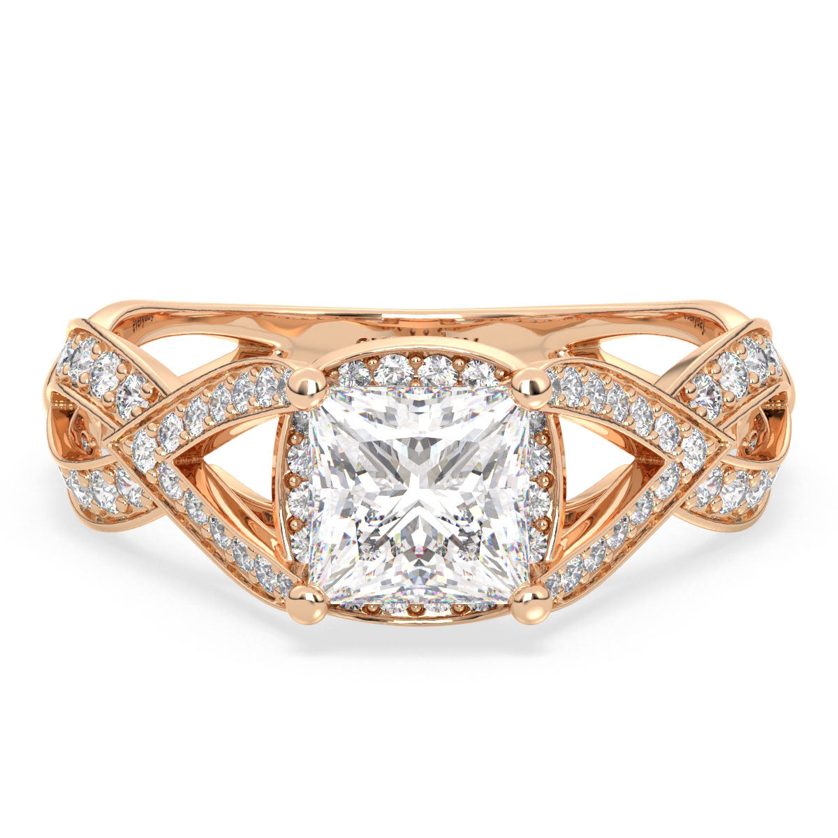 AZALEA FANCY HALO PRINCESS CUT LAB GROWN DIAMOND SOLITAIRE ENGAGEMENT RING WITH STUDDED SHANK, GOLD