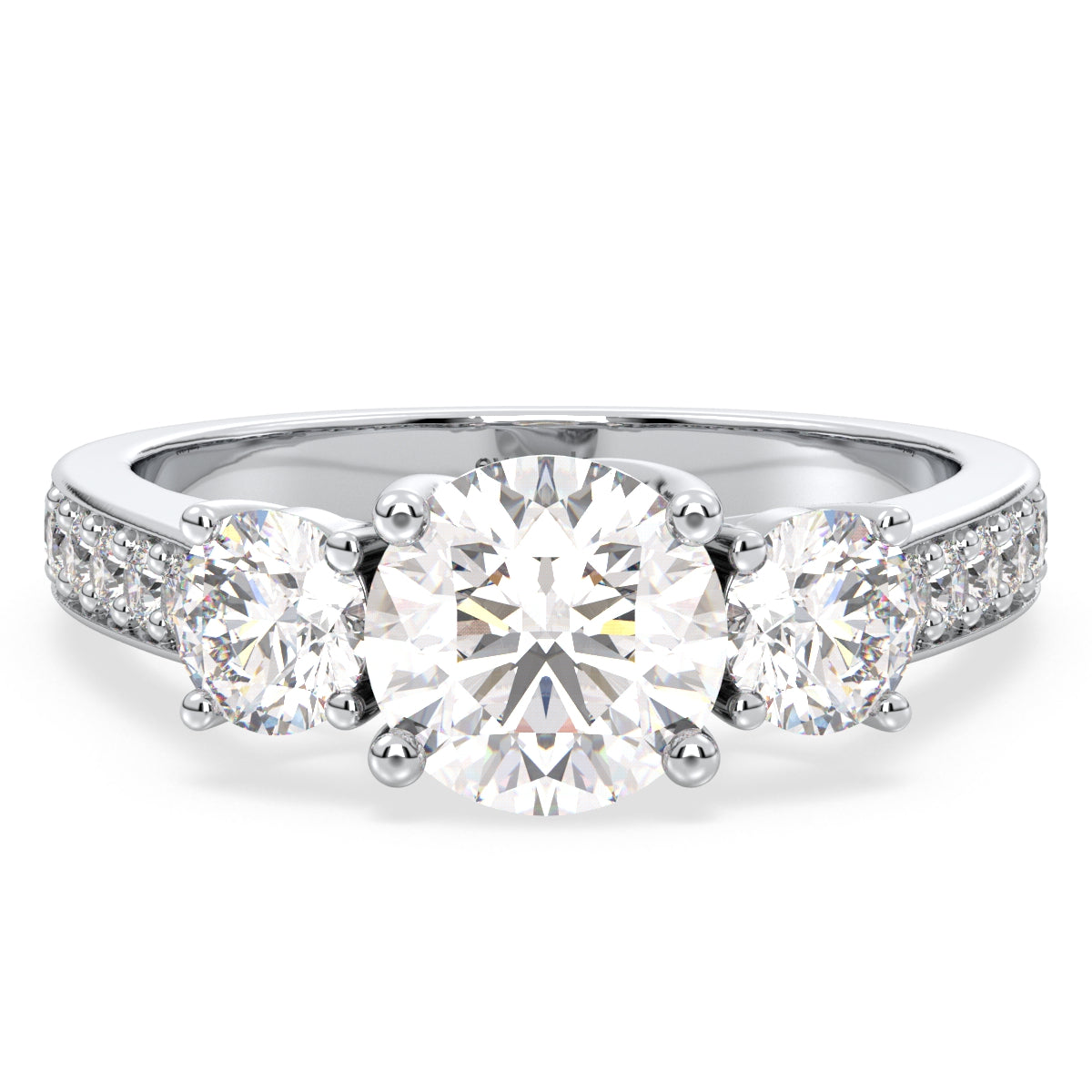 SOPHIA ROUND CUT LAB GROWN DIAMOND THREE STONE ELEGANT ENGAGEMENT RING WITH STUDDED SHANK, GOLD