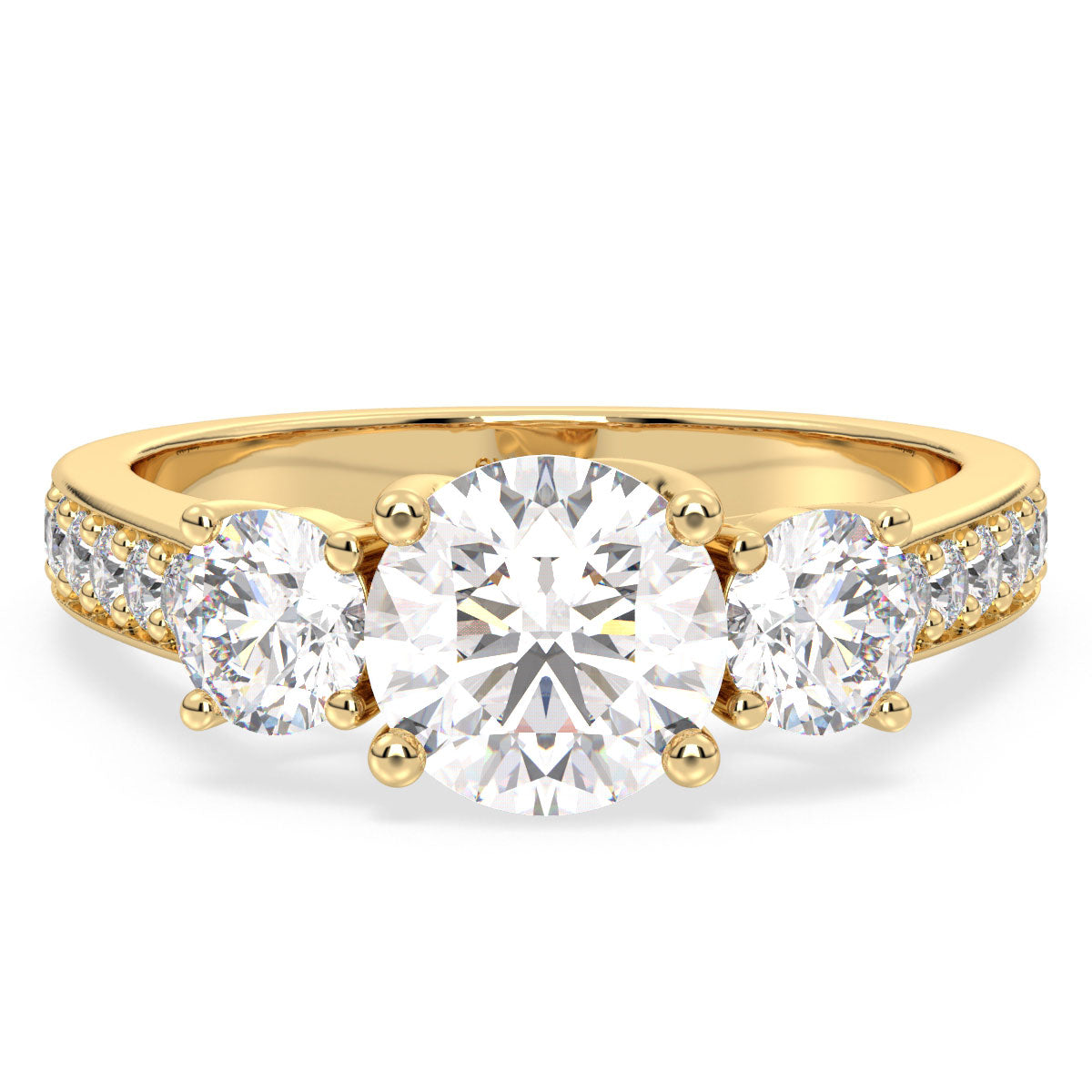 SOPHIA ROUND CUT LAB GROWN DIAMOND THREE STONE ELEGANT ENGAGEMENT RING WITH STUDDED SHANK, GOLD