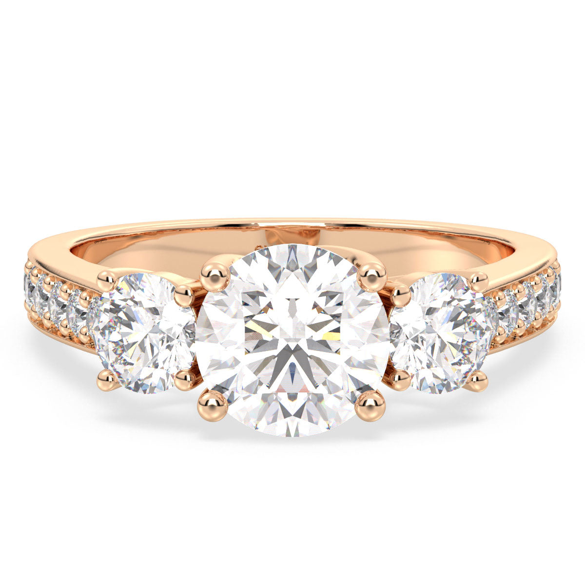 SOPHIA ROUND CUT LAB GROWN DIAMOND THREE STONE ELEGANT ENGAGEMENT RING WITH STUDDED SHANK, GOLD