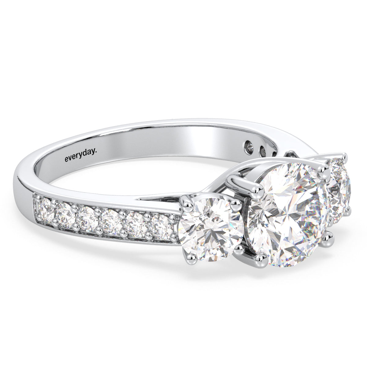 SOPHIA ROUND CUT LAB GROWN DIAMOND THREE STONE ELEGANT ENGAGEMENT RING WITH STUDDED SHANK, GOLD