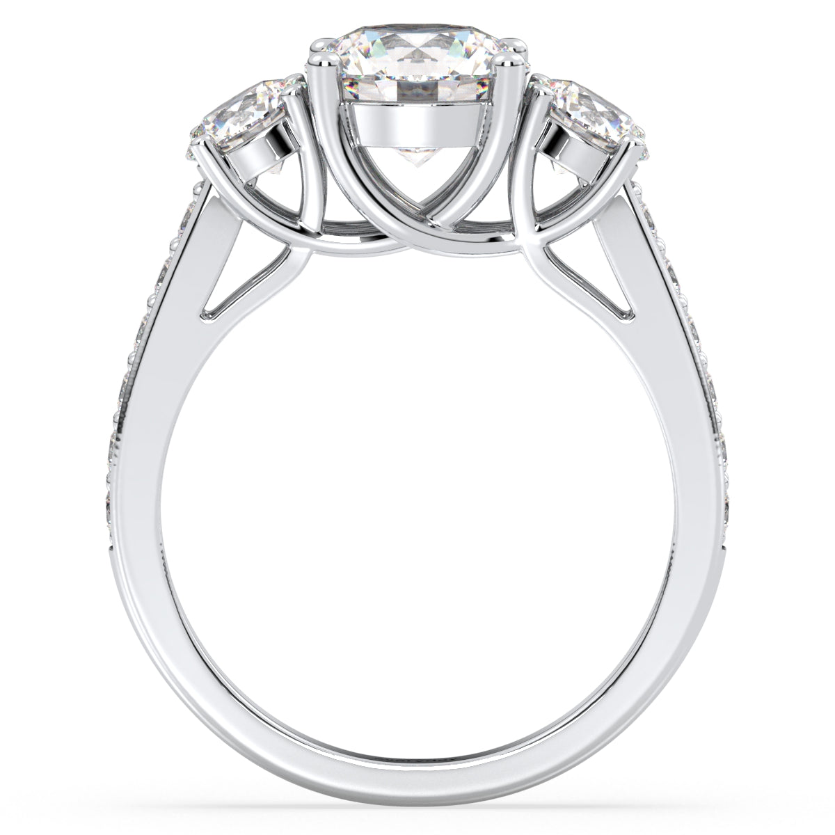 SOPHIA ROUND CUT LAB GROWN DIAMOND THREE STONE ELEGANT ENGAGEMENT RING WITH STUDDED SHANK, GOLD