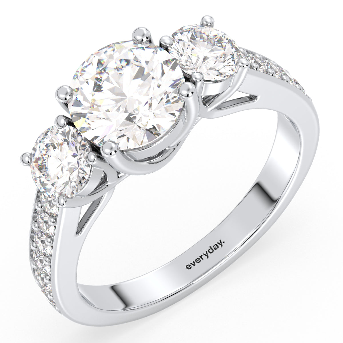 SOPHIA ROUND CUT LAB GROWN DIAMOND THREE STONE ELEGANT ENGAGEMENT RING WITH STUDDED SHANK, GOLD