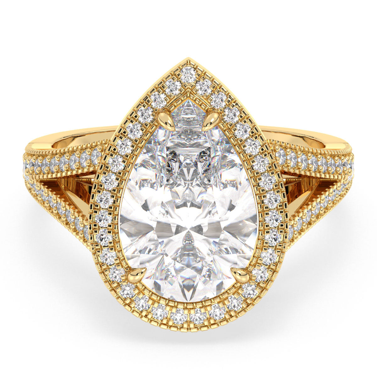 MARGUERITE HALO PEAR CUT LAB GROWN DIAMOND SOLITIARE ENGAGEMENT RING WITH SPLIT SHANK, GOLD