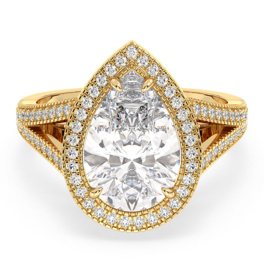 MARGUERITE HALO PEAR CUT LAB GROWN DIAMOND SOLITIARE ENGAGEMENT RING WITH SPLIT SHANK, GOLD