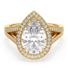 MARGUERITE HALO PEAR CUT LAB GROWN DIAMOND SOLITIARE ENGAGEMENT RING WITH SPLIT SHANK, GOLD