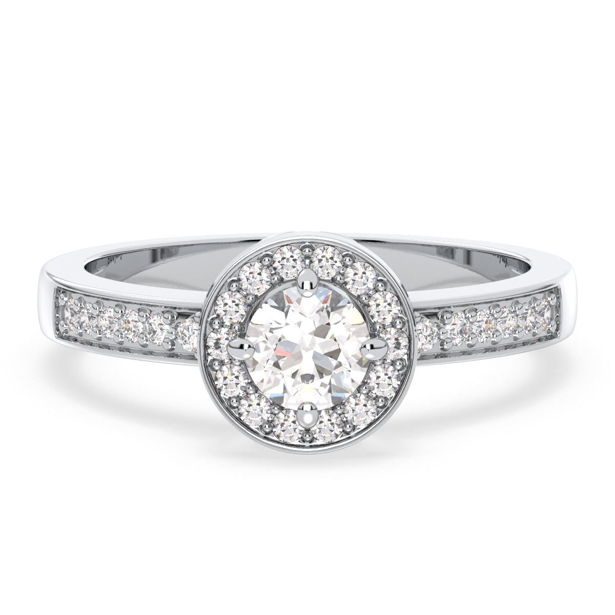 DAISY HALO BEZEL SET ROUND CUT LAB GROWN DIAMOND SOLITAIRE CLASSIC ENGAGEMENT RING WITH SIDE STONES, GOLD