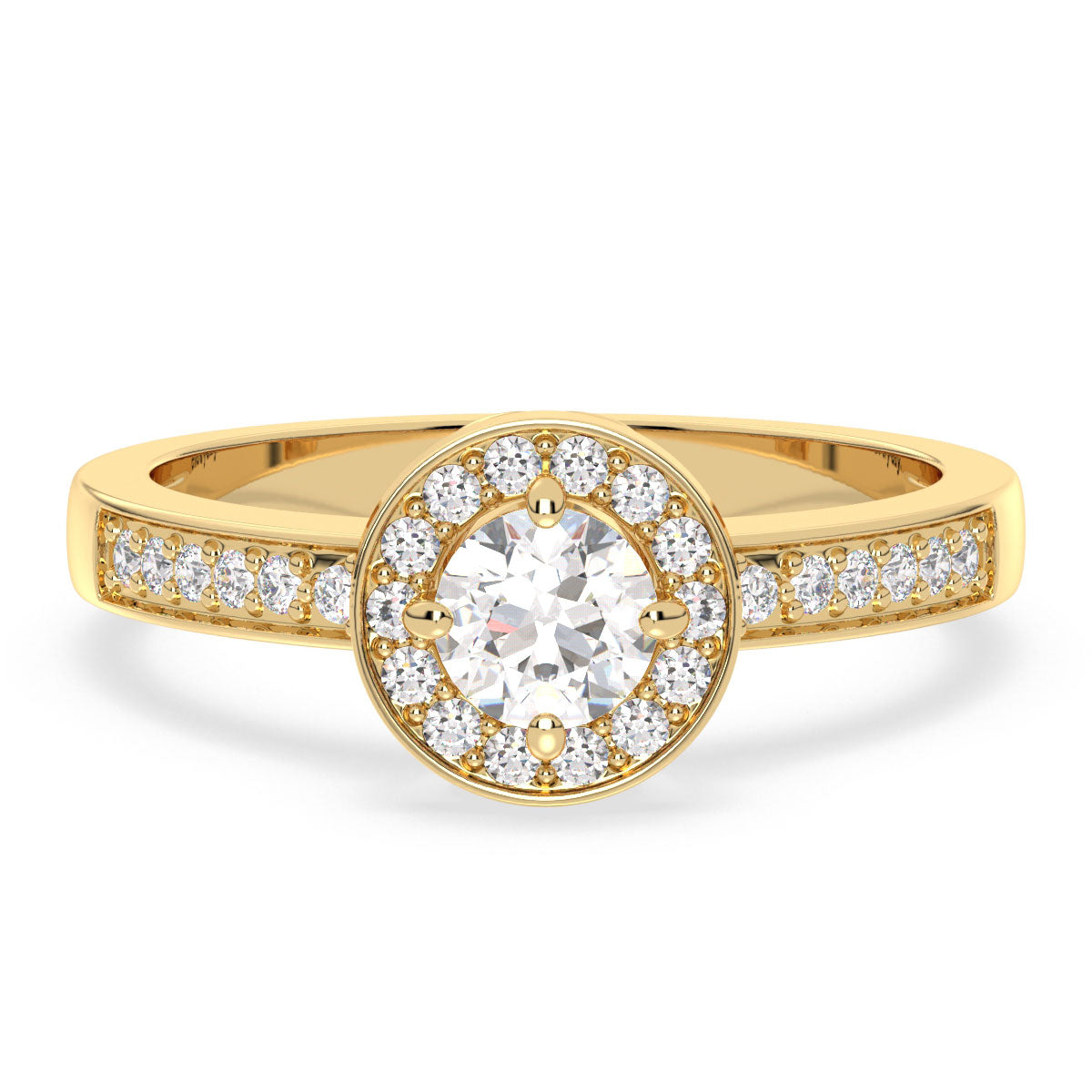 DAISY HALO BEZEL SET ROUND CUT LAB GROWN DIAMOND SOLITAIRE CLASSIC ENGAGEMENT RING WITH SIDE STONES, GOLD