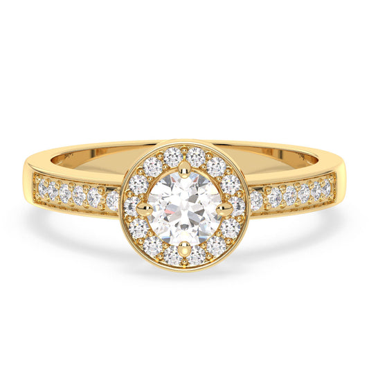 DAISY HALO BEZEL SET ROUND CUT LAB GROWN DIAMOND SOLITAIRE CLASSIC ENGAGEMENT RING WITH SIDE STONES, GOLD