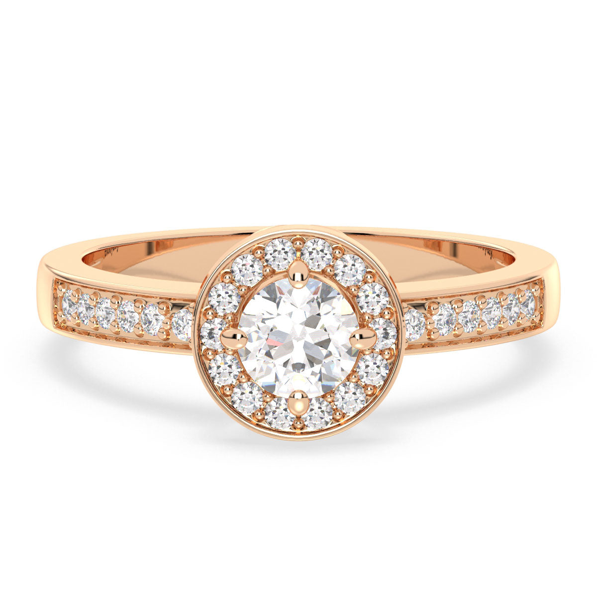 DAISY HALO BEZEL SET ROUND CUT LAB GROWN DIAMOND SOLITAIRE CLASSIC ENGAGEMENT RING WITH SIDE STONES, GOLD