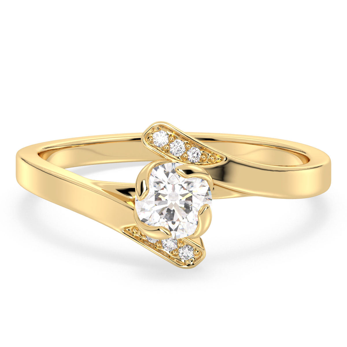 DAISY BYPASS ROUND CUT LAB GROWN DIAMOND SOLITAIRE ENGAGEMENT RING WITH A STUDDED SHANK, GOLD