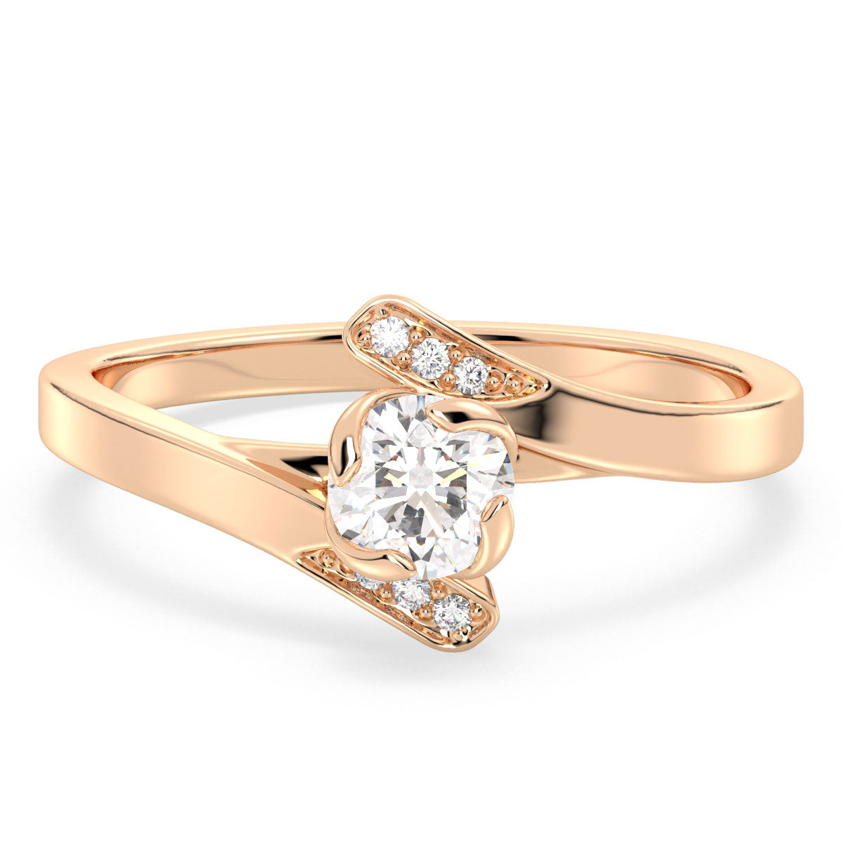 DAISY BYPASS ROUND CUT LAB GROWN DIAMOND SOLITAIRE ENGAGEMENT RING WITH A STUDDED SHANK, GOLD