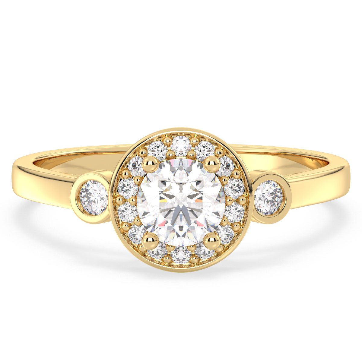 DAISY BEZEL SET HALO ROUND CUT LAB GROWN DIAMOND SOLITAIRE CLASSIC ENGAGEMENT RING, GOLD