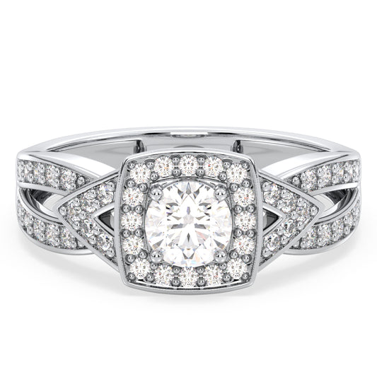 DAISY SQUARE HALO ROUND CUT LAB GROWN DIAMOND SOLITAIRE ENGAGEMENT RING WITH SPLIT SHANK, GOLD