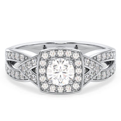 DAISY SQUARE HALO ROUND CUT LAB GROWN DIAMOND SOLITAIRE ENGAGEMENT RING WITH SPLIT SHANK, GOLD