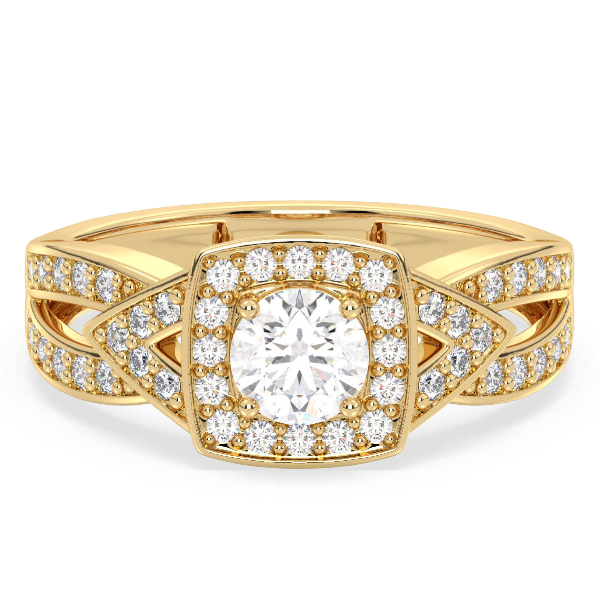 DAISY SQUARE HALO ROUND CUT LAB GROWN DIAMOND SOLITAIRE ENGAGEMENT RING WITH SPLIT SHANK, GOLD