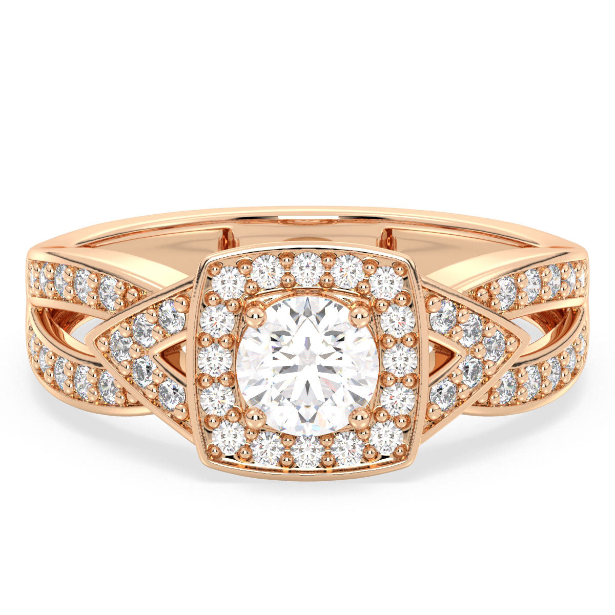 DAISY SQUARE HALO ROUND CUT LAB GROWN DIAMOND SOLITAIRE ENGAGEMENT RING WITH SPLIT SHANK, GOLD