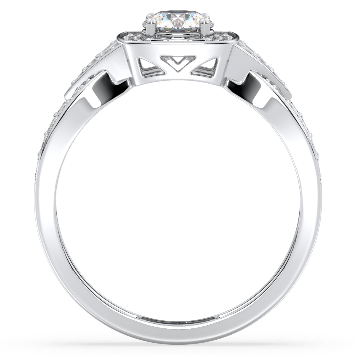 DAISY SQUARE HALO ROUND CUT LAB GROWN DIAMOND SOLITAIRE ENGAGEMENT RING WITH SPLIT SHANK, GOLD