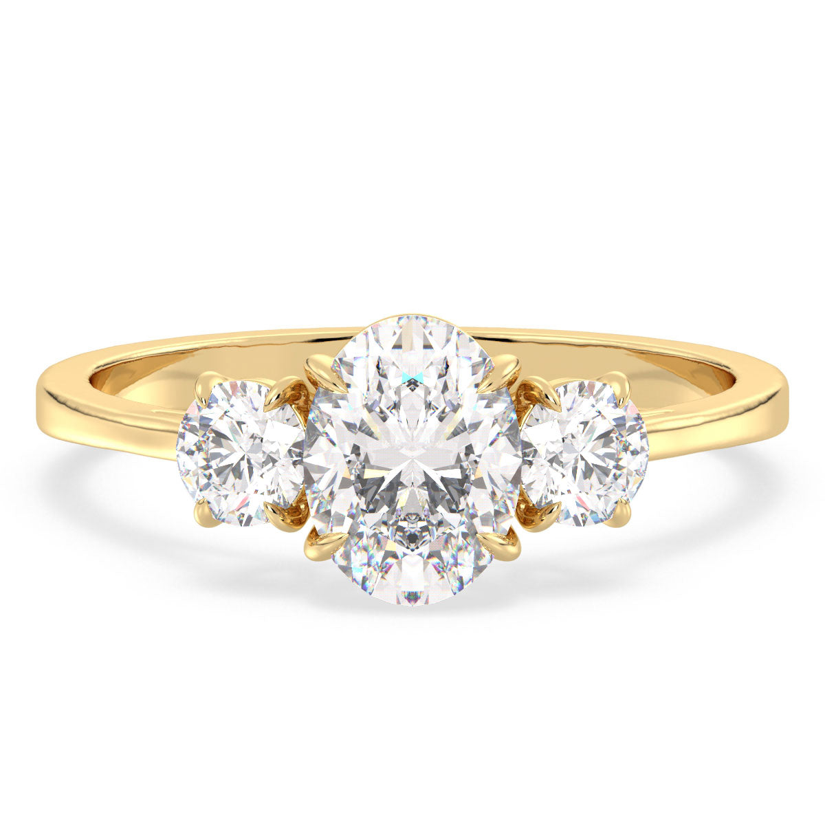 IRENE ELEGANT OVAL CUT LAB GROWN DIAMOND THREE STONE ENGAGEMENT RING, GOLD