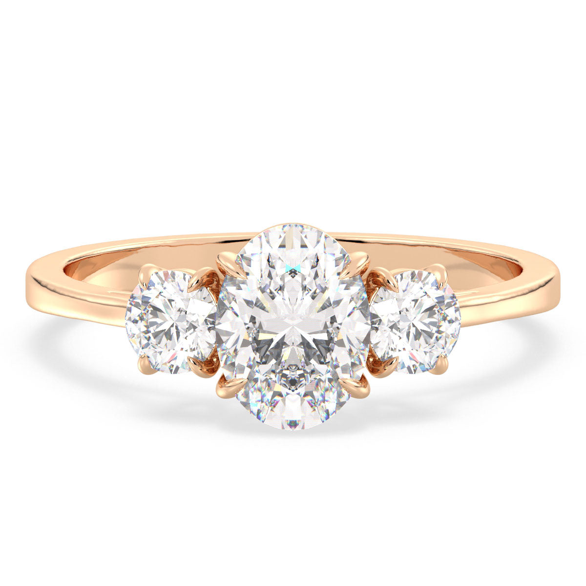 IRENE ELEGANT OVAL CUT LAB GROWN DIAMOND THREE STONE ENGAGEMENT RING, GOLD