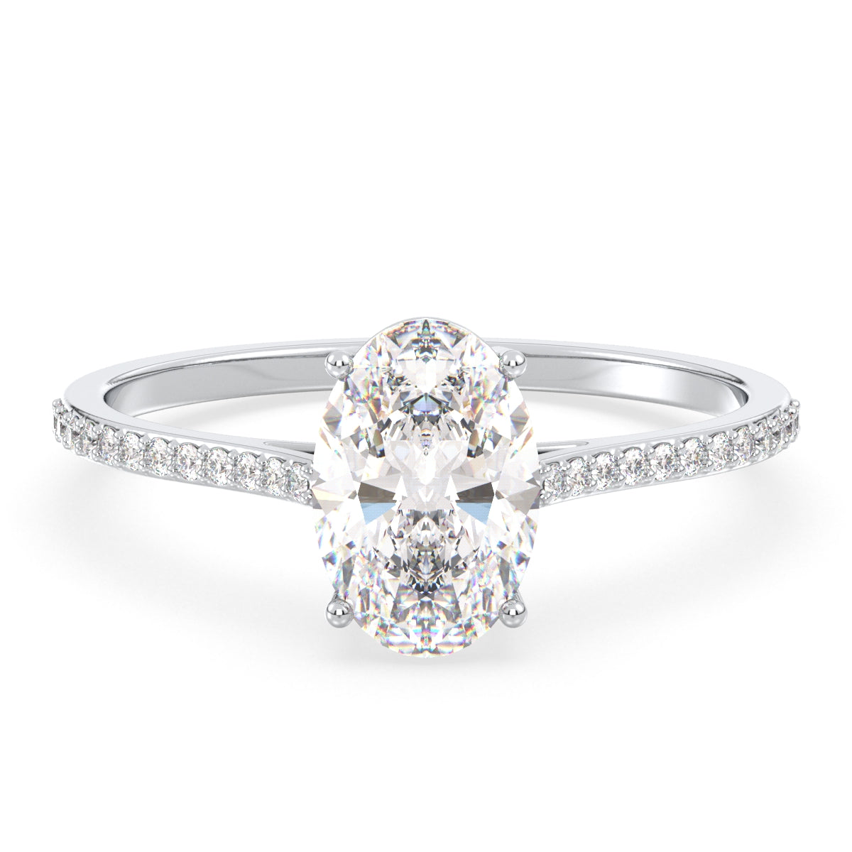 IRENE OVAL CUT LAB GROWN DIAMOND SOLITAIRE ENGAGEMENT RING WITH SIDE STONES, GOLD