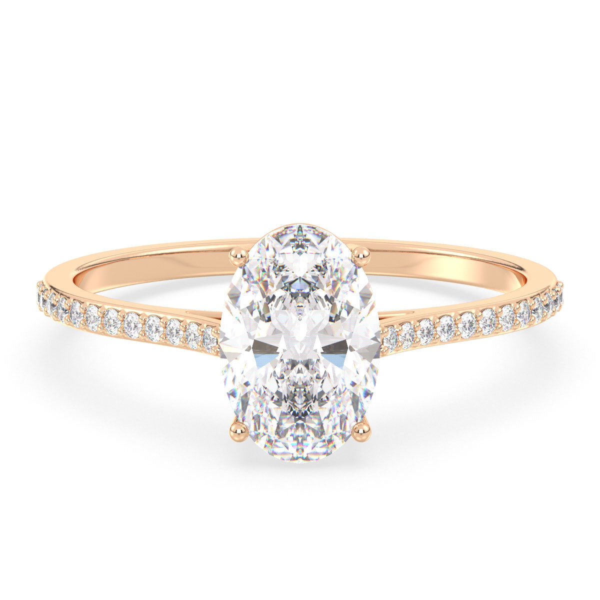 IRENE OVAL CUT LAB GROWN DIAMOND SOLITAIRE ENGAGEMENT RING WITH SIDE STONES, GOLD