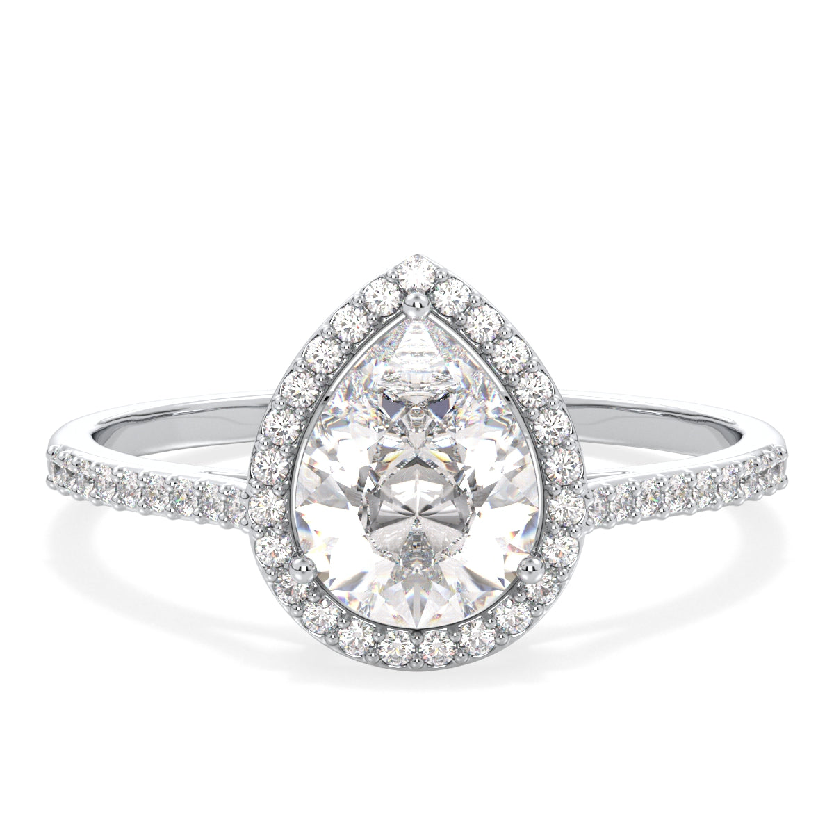 MARGUERITE HALO PEAR CUT LAB GROWN DIAMOND SOLITAIRE CLASSY ENGAGEMENT RING WITH SIDE STONES, GOLD