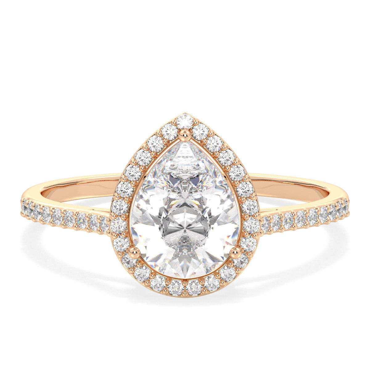 MARGUERITE HALO PEAR CUT LAB GROWN DIAMOND SOLITAIRE CLASSY ENGAGEMENT RING WITH SIDE STONES, GOLD