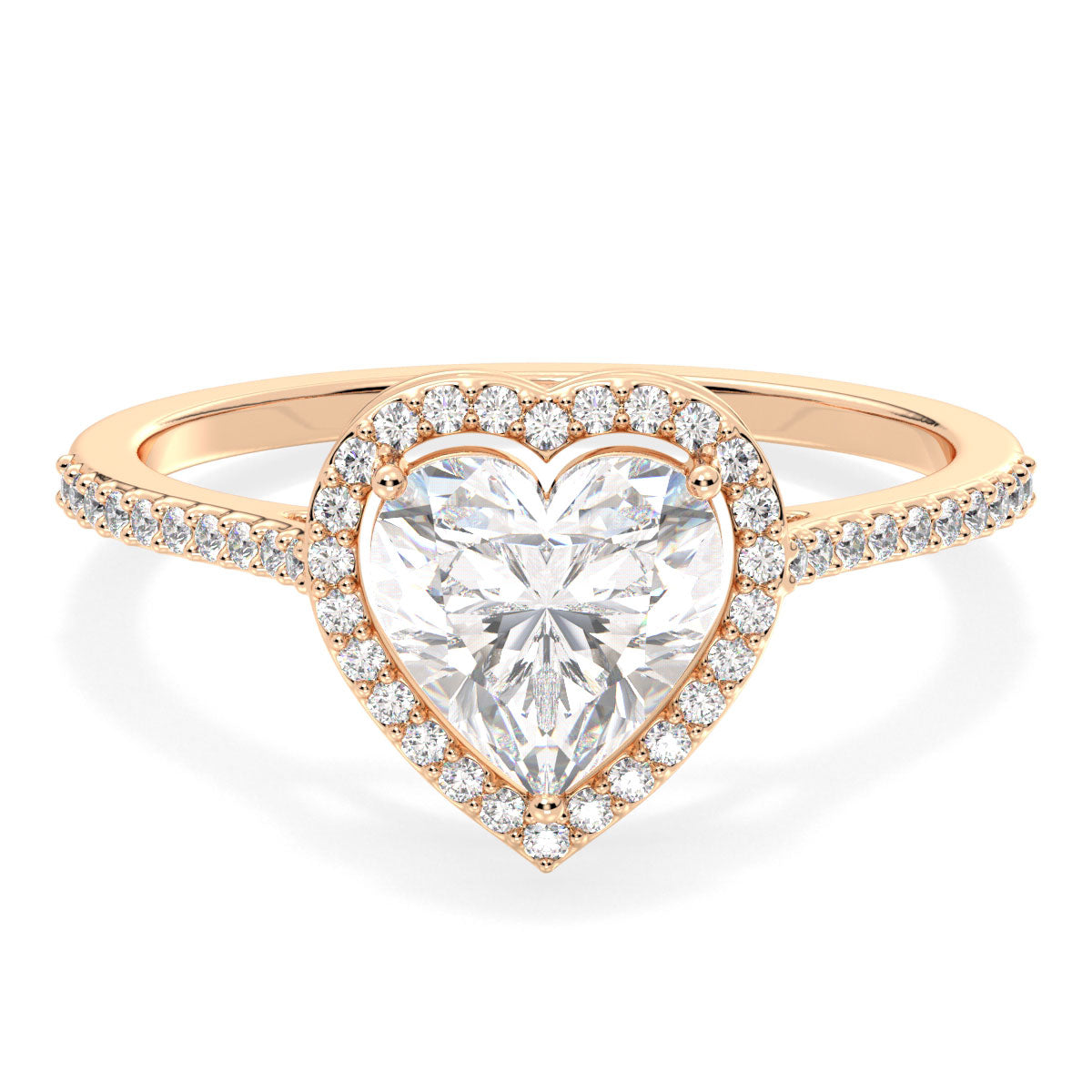 CLEMENCE VALENTINE LOVE HALO HEART CUT LAB GROWN DIAMOND SOLITAIRE ENGAGEMENT RING WITH SIDE STONES, GOLD