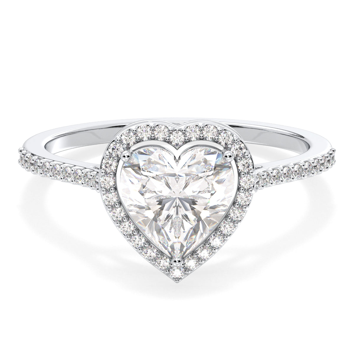 CLEMENCE VALENTINE LOVE HALO HEART CUT LAB GROWN DIAMOND SOLITAIRE ENGAGEMENT RING WITH SIDE STONES, GOLD